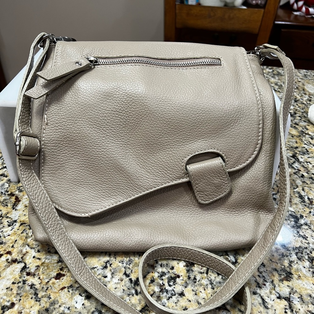 Tan Crossbody Bag with Adjustable Strap and Flap Closure